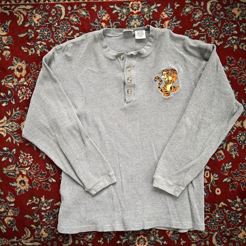 Vtg 90s The Disney Tigger Waffle Knit Henley Shirt Large Long Sleeve Gray